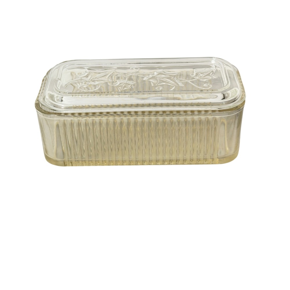 Vintage Ribbed Glass Refrigerator Dish Ivy Lid Yellow Tint Rectangular Large